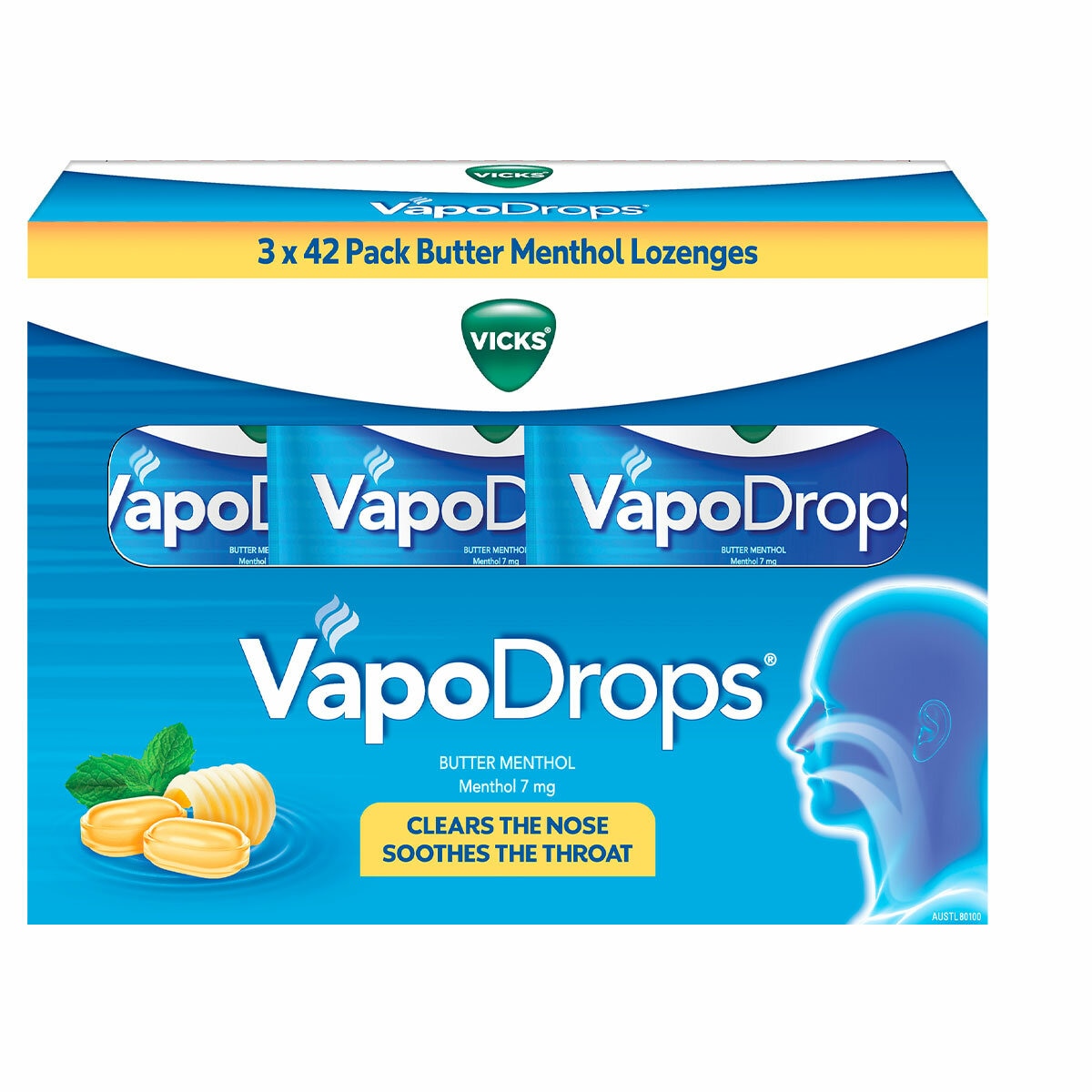 Vicks Vapodrops Butter Menthol Cough Cold 3 x 42 Pack Lozenges