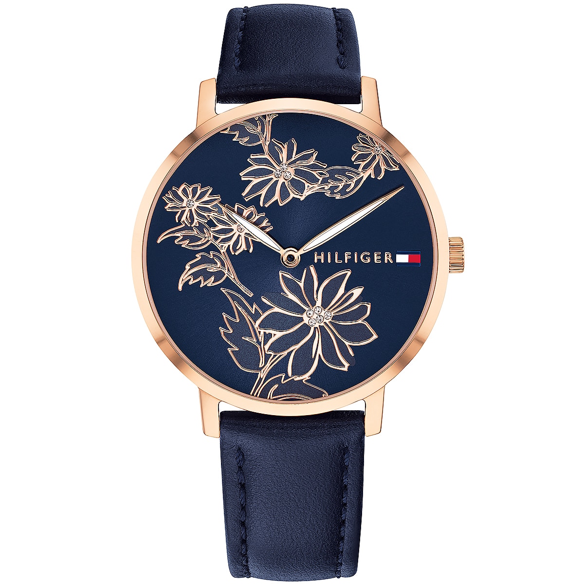 Floral Navy Leather Strap Watch 