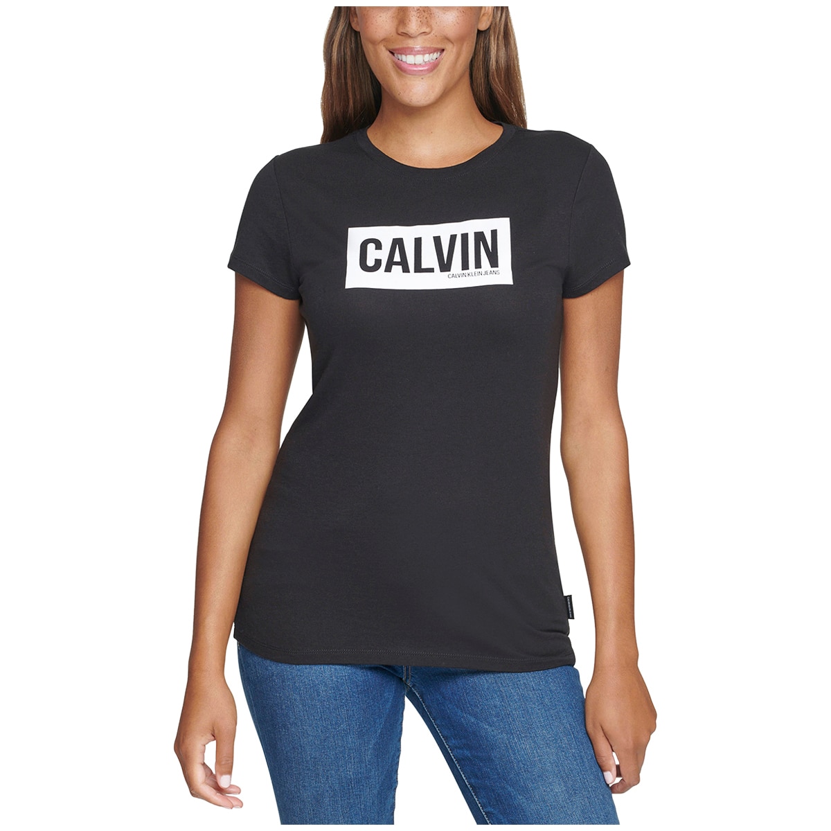 Calvin Klein Women's Block Logo Tee Black White Print |...