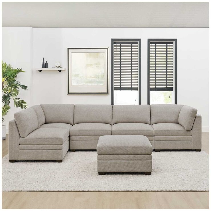 Thomasville 6 Piece Fabric Modular Sectional With Storage Ottoman