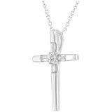 14KT White Gold 0.20CTW Round and Baguette Diamond Cross Pendant