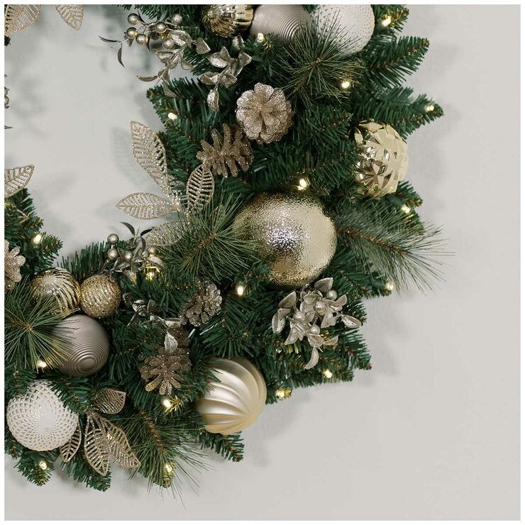 CGH 76.2cm Pre-Lit Decorated Holiday Wreath Metallic