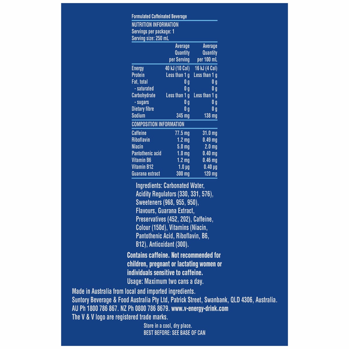 V Energy Drink Blue Zero Sugar 24 x 250mL V Energy Drink Blue Zero Sugar 24 x 250mL