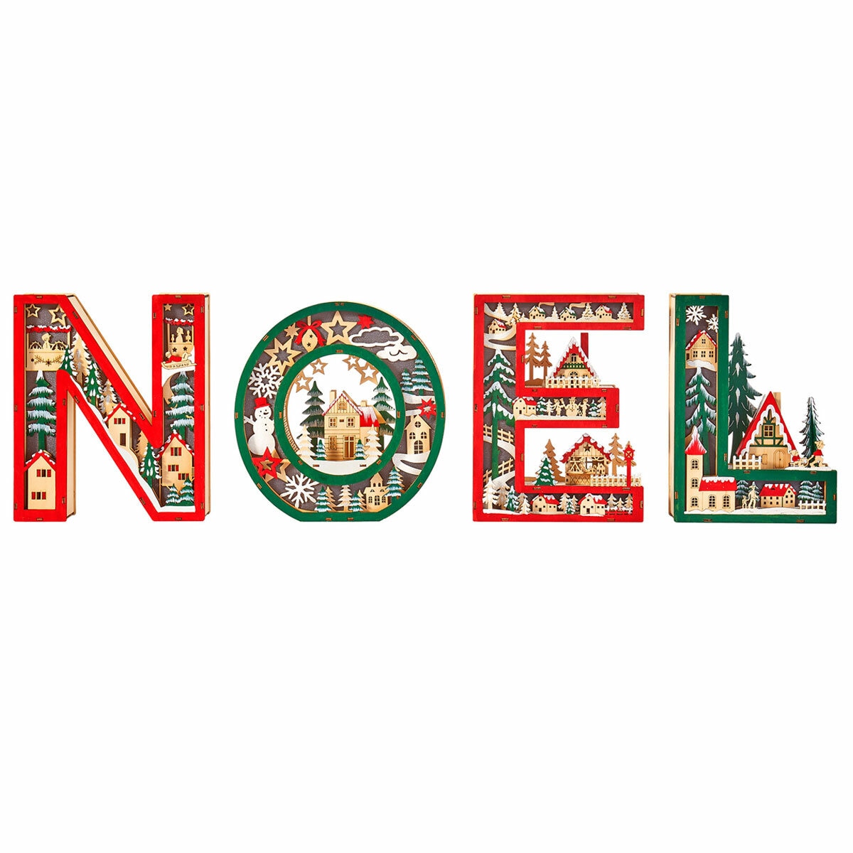 NOEL Wooden Letters With Light Up Festive Scene Set Of 4
