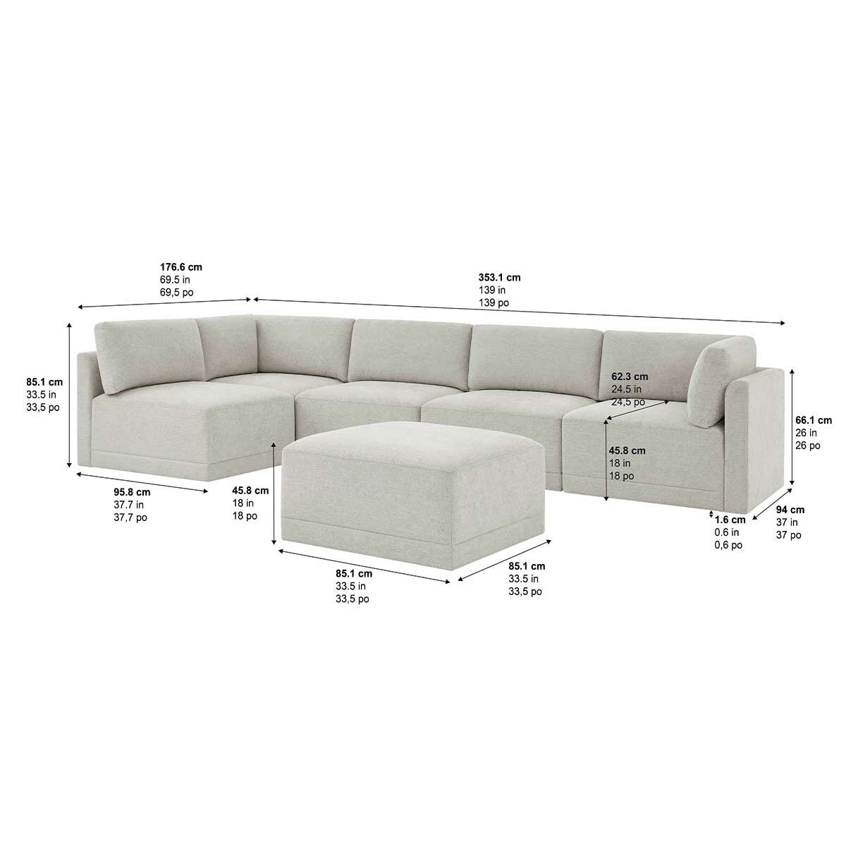 Thomasville 6PC Fabric Modular Sectional with Ottoman Light Grey