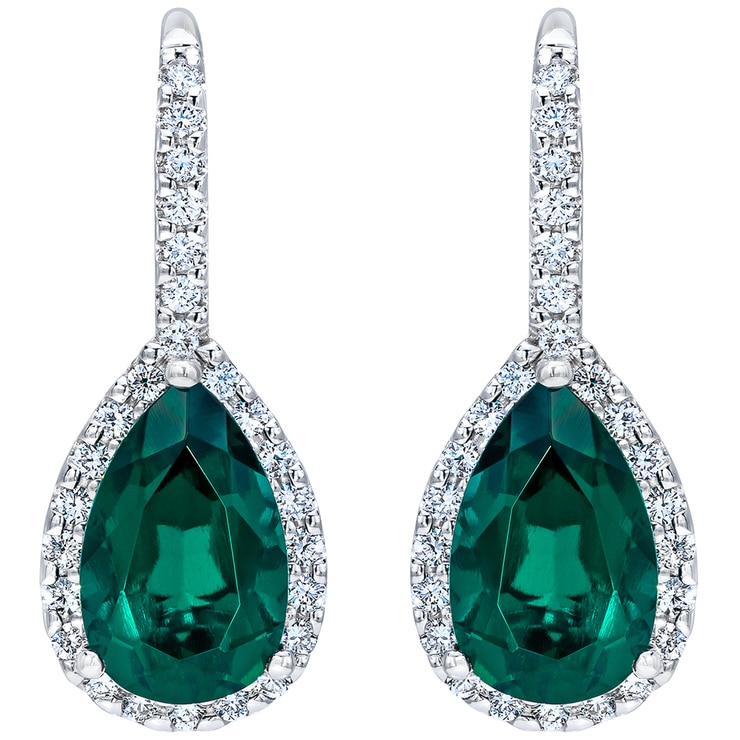18KT White Gold Lab Created Emerald and Diamond Earrings | Costco Australia