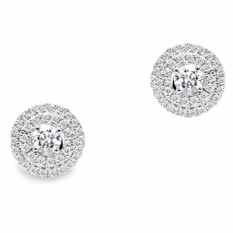 18KT White Gold VS2 I 0.60ctw Round Diamond Double Halo Earrings 18KT White Gold VS2 I 0.60ctw Round Diamond Double Halo Earrings