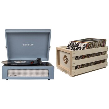 Crosley Voyager Portable Turntable Washed Blue with Record Storage Crate