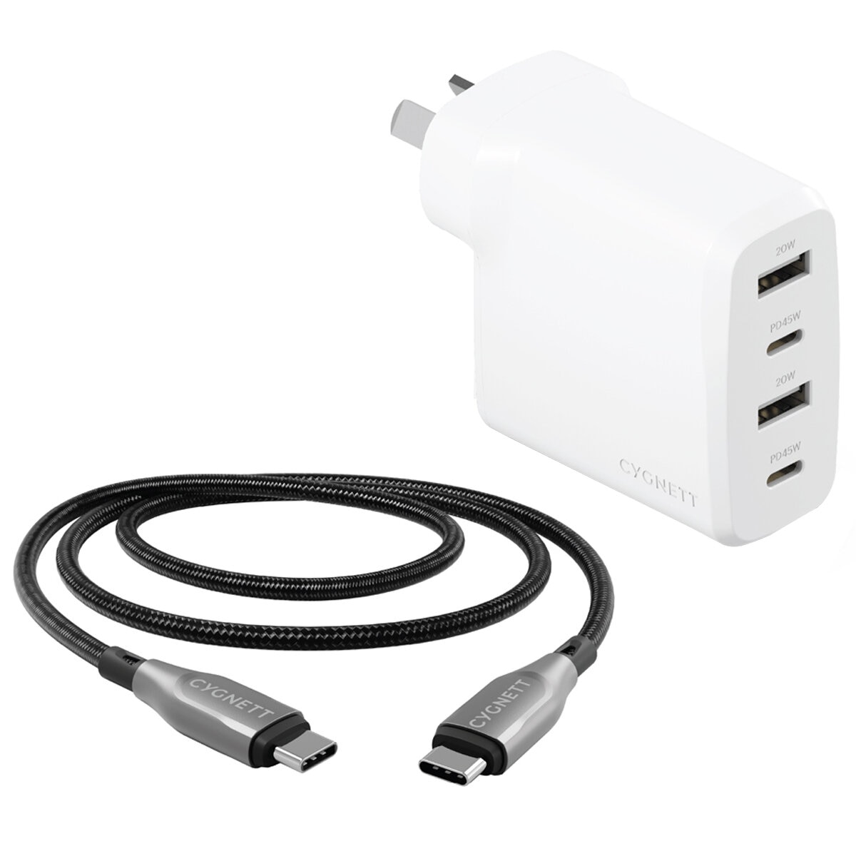Cygnett PowerPlus 45W Multiport Wall Charger AU & Armoured USB-C to USB-C 2.0 Cable 2M Black CY5175BUNCC