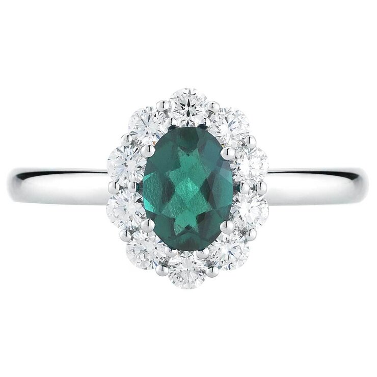 18KT White Gold 0.50ctw Round Diamond And Oval Lab Emerald Ring