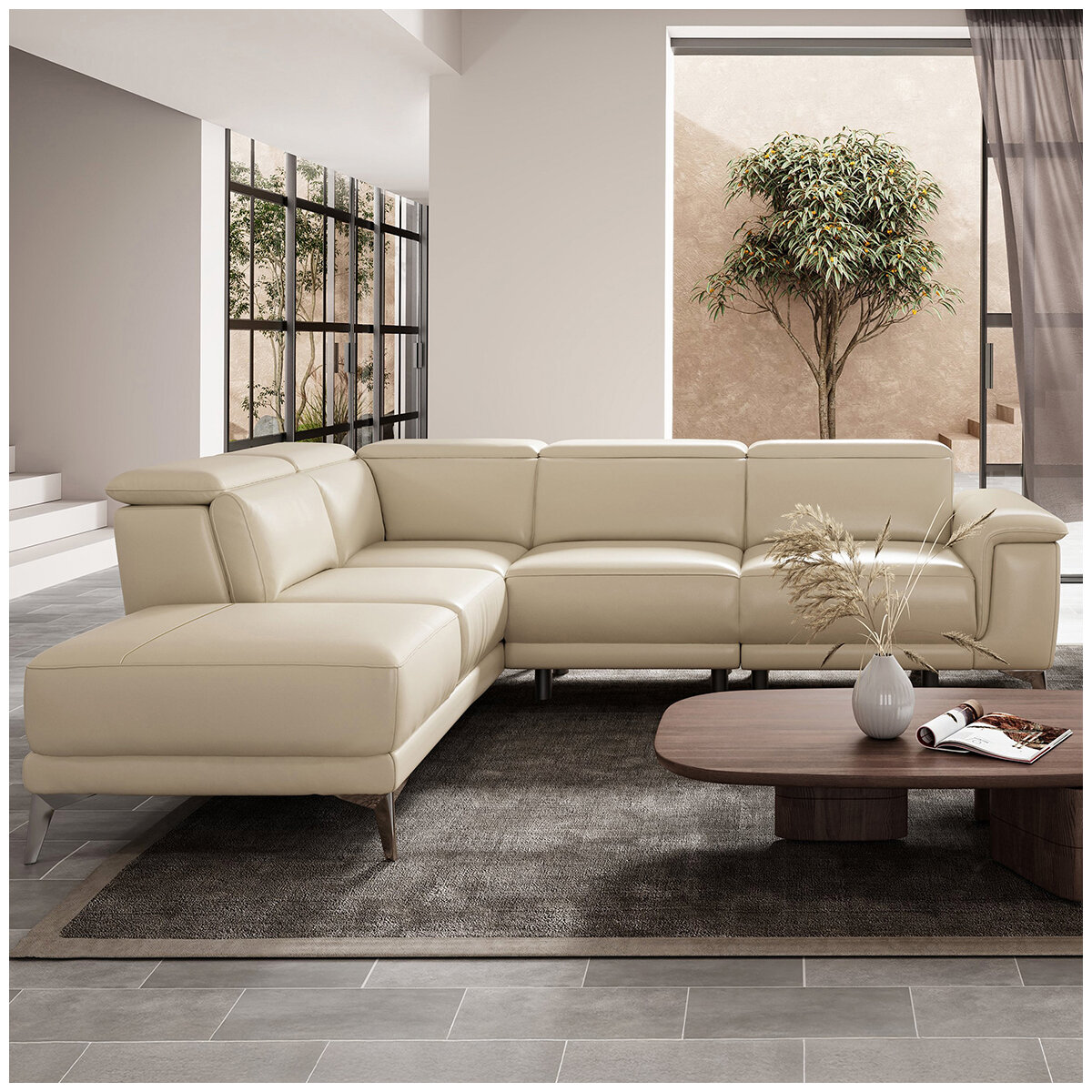 Valencia Pista Leather Reclining Sectional Lounge Left Chaise Beige Colour