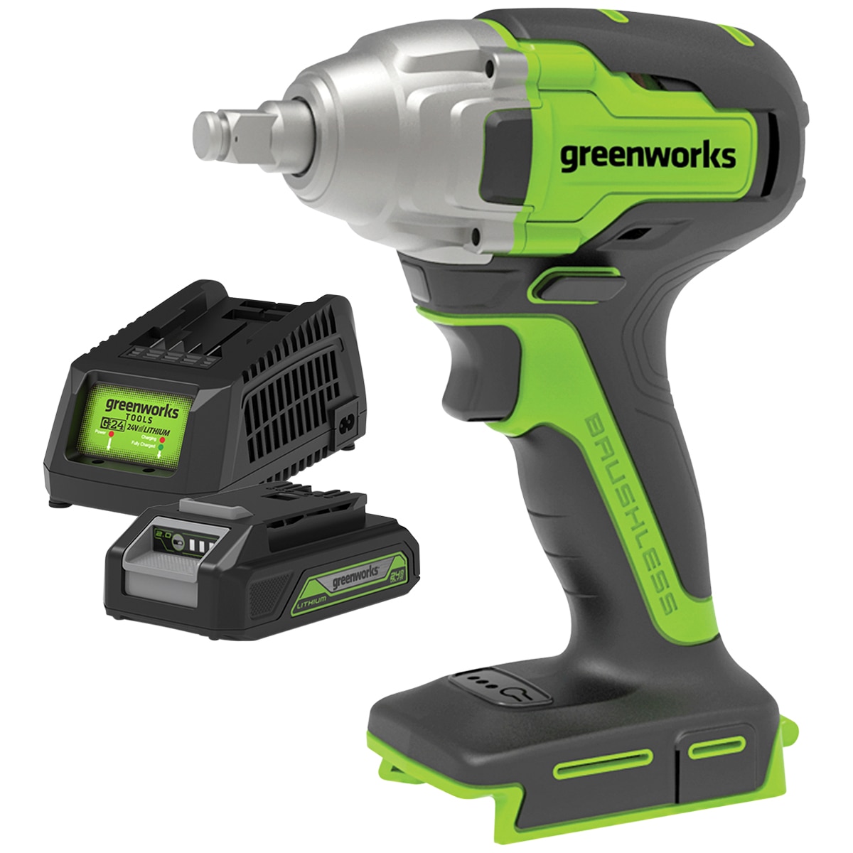 Greenworks 24V Brushless Impact Wrench Kit with 2AH Battery & Fast Charger
