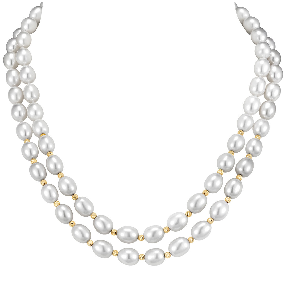 14KT Yellow Gold Two-Row 8-9mm Oval Freshwater Pearl Diamond Cut Bead Necklace