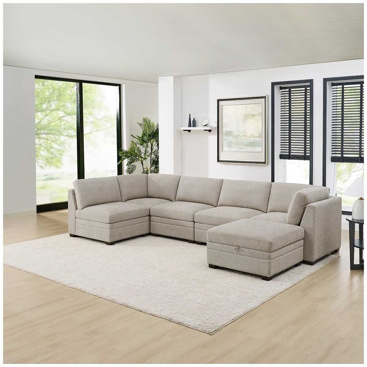 Thomasville 6 Piece Fabric Modular Sectional With Storage Ottoman