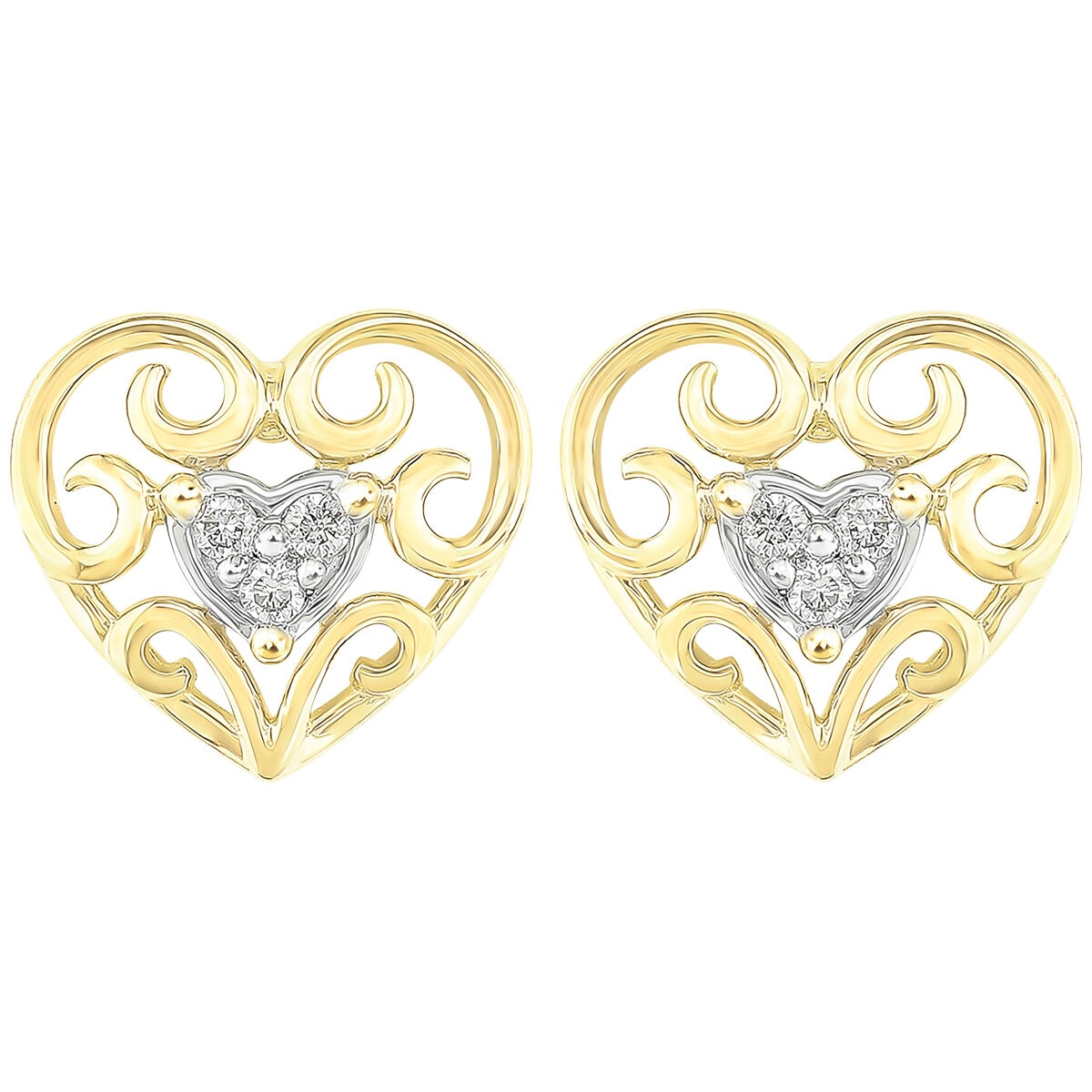 18KT Two Tone Gold 0.05ctw Diamond Heart Filigree Earrings