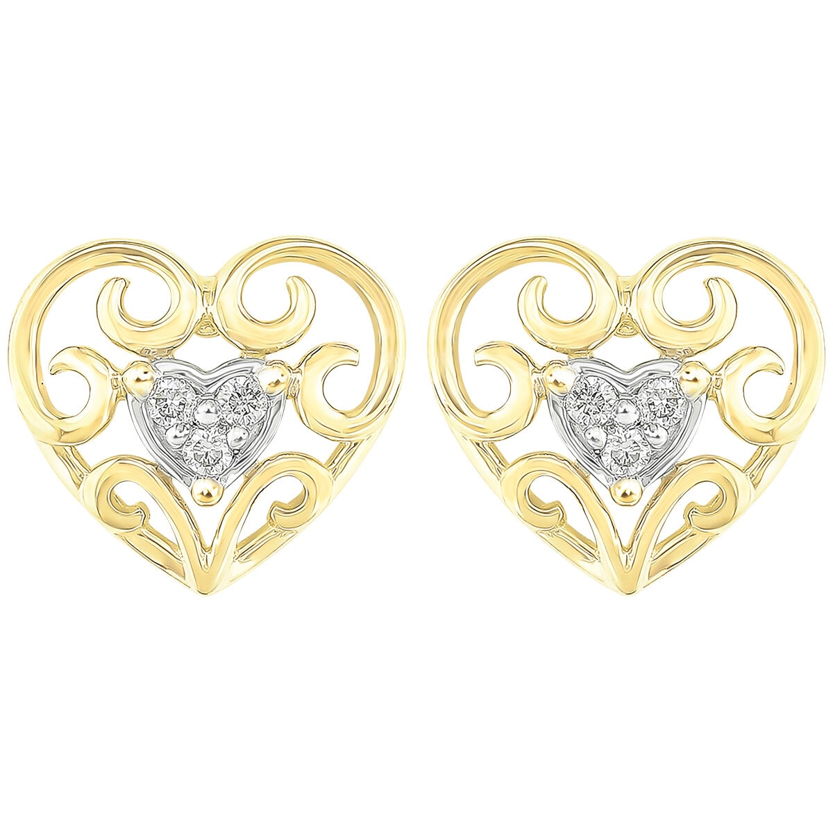 18KT Two Tone Gold 0.05ctw Diamond Heart Filigree Earrings