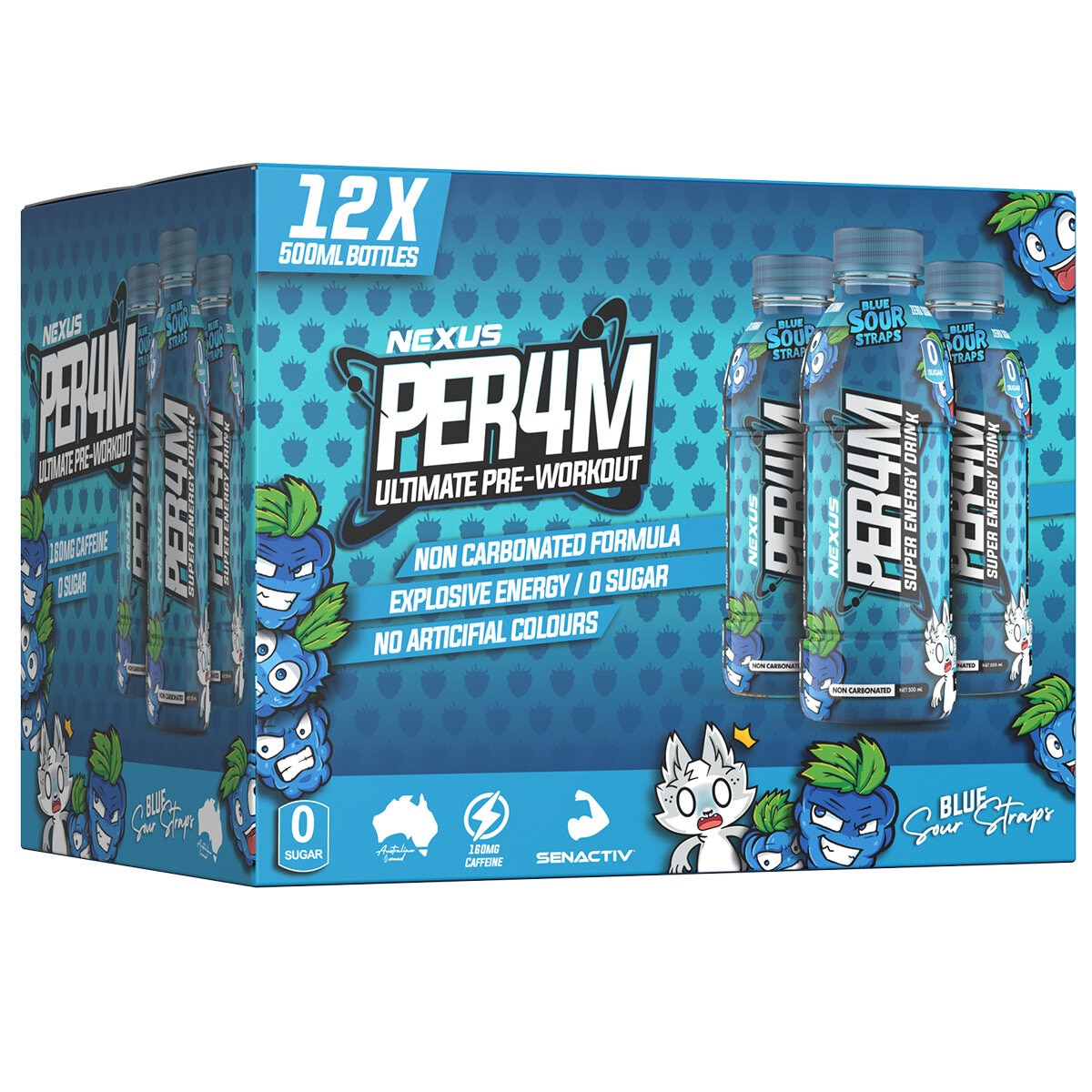 Nexus Per4m Pre-Workout Non Carbonated Drink 12 x 500ml Blue Sour Straps