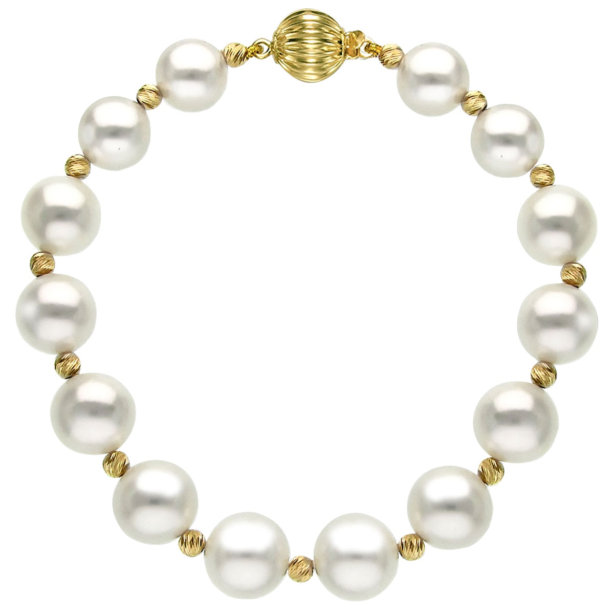 18KT Yellow Gold 8.5-9.5mm Cultured Freshwater Pearl And Multi Cut Beads Ball Clasp Bracelet