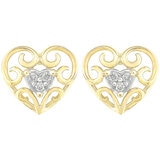 18KT Two Tone Gold 0.05ctw Diamond Heart Filigree Earrings