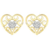 18KT Two Tone Gold 0.05ctw Diamond Heart Filigree Earrings