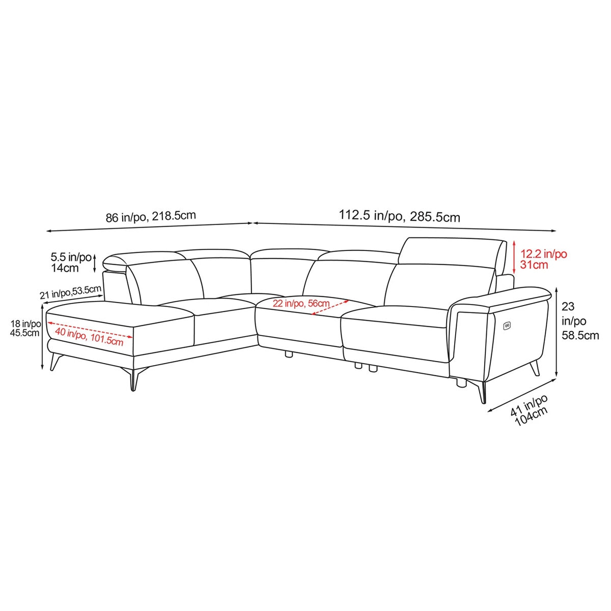 Valencia Pista Leather Reclining Sectional Lounge Left Chaise Grey