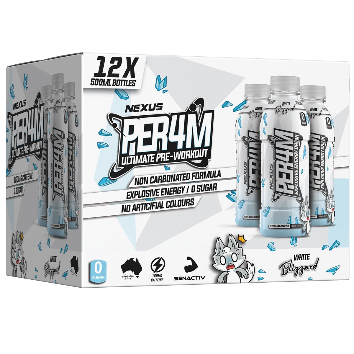 Nexus Per4m Pre-Workout Non Carbonated Drink 12 x 500ml White Blizard