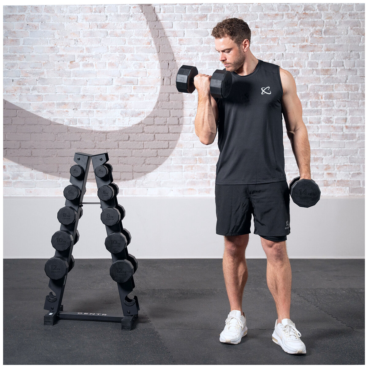 Centr 4 - 14 kg Rubber 12-Sided Dumbbell Set with A-Frame Rack