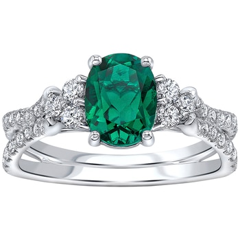18KT White Gold Lab Created Emerald And Diamond Ring