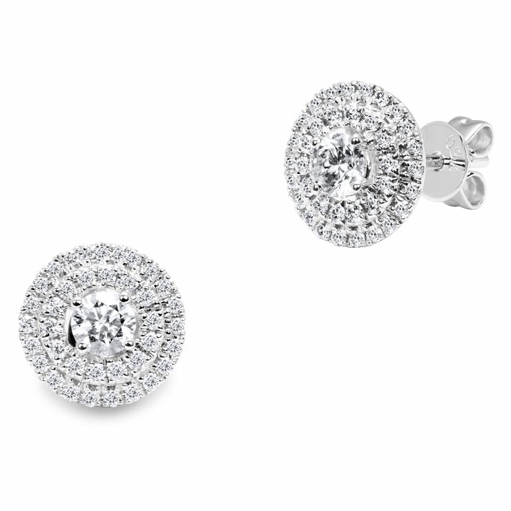18KT White Gold VS2 I 0.60ctw Round Diamond Double Halo Earrings 18KT White Gold VS2 I 0.60ctw Round Diamond Double Halo Earrings