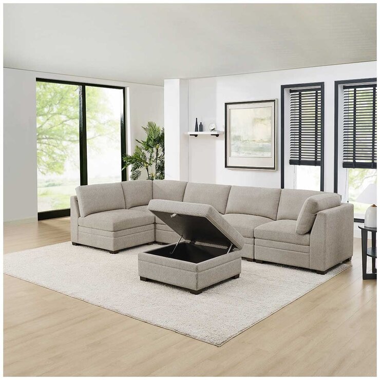 Thomasville 6 Piece Fabric Modular Sectional With Storage Ottoman
