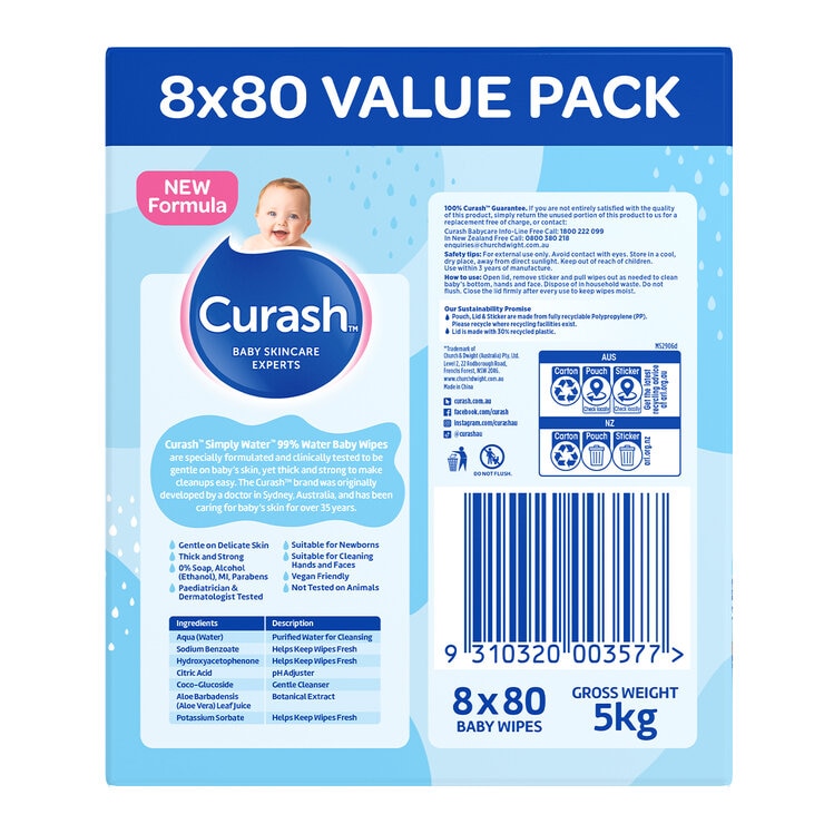 Curash Simply Water Baby Wipes 8 x 80