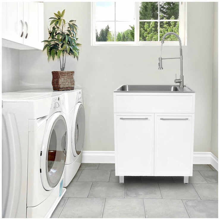 All in One 72cm Matte White Lacquered Laminate Slim Shaker Cabinet With Sink And Chef Faucet All in One 72cm Matte White Lacquered Laminate Slim Shaker Cabinet With Sink And Chef Faucet