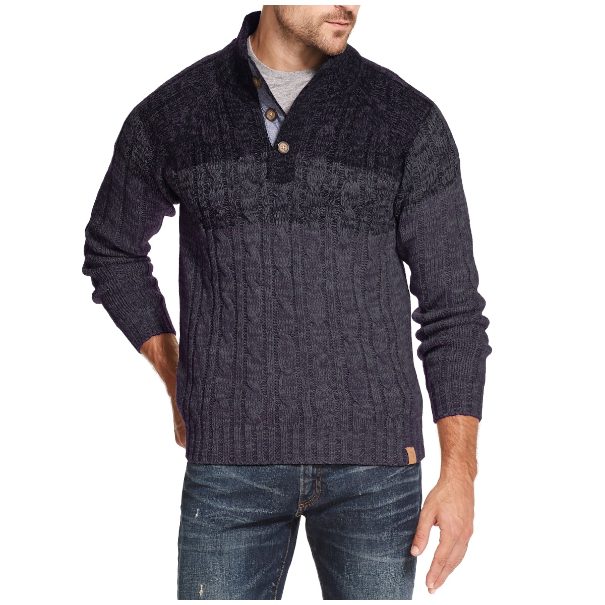 Weatherproof Men's Buttonmock Cable Sweater Navy | Costco...