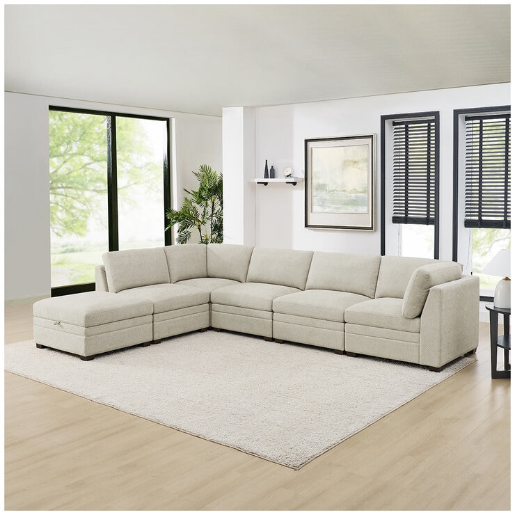 Thomasville 6 Piece Fabric Modular Sectional with Storage Ottoman/