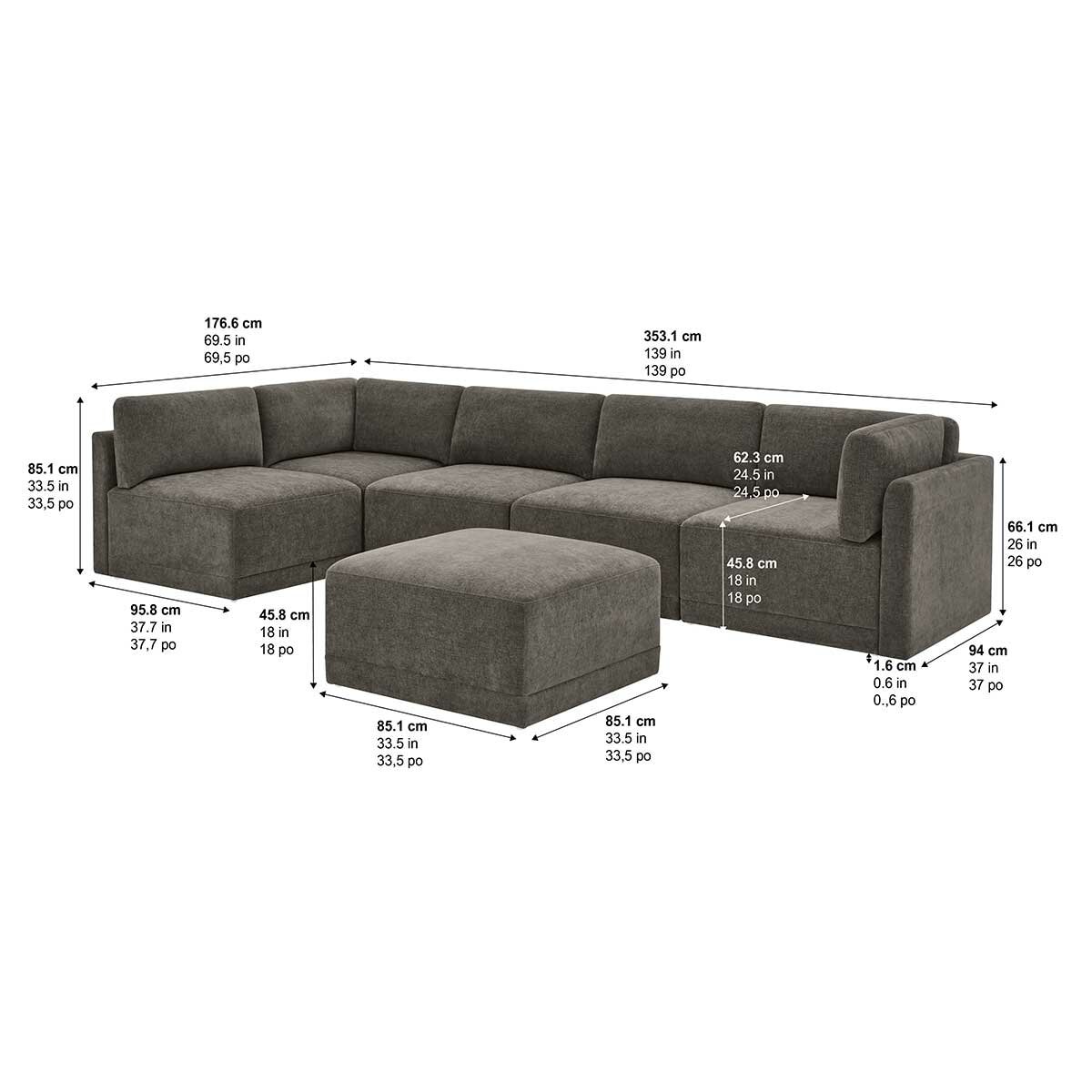 Thomasville 6PC Fabric Modular Sectional with Ottoman Grey