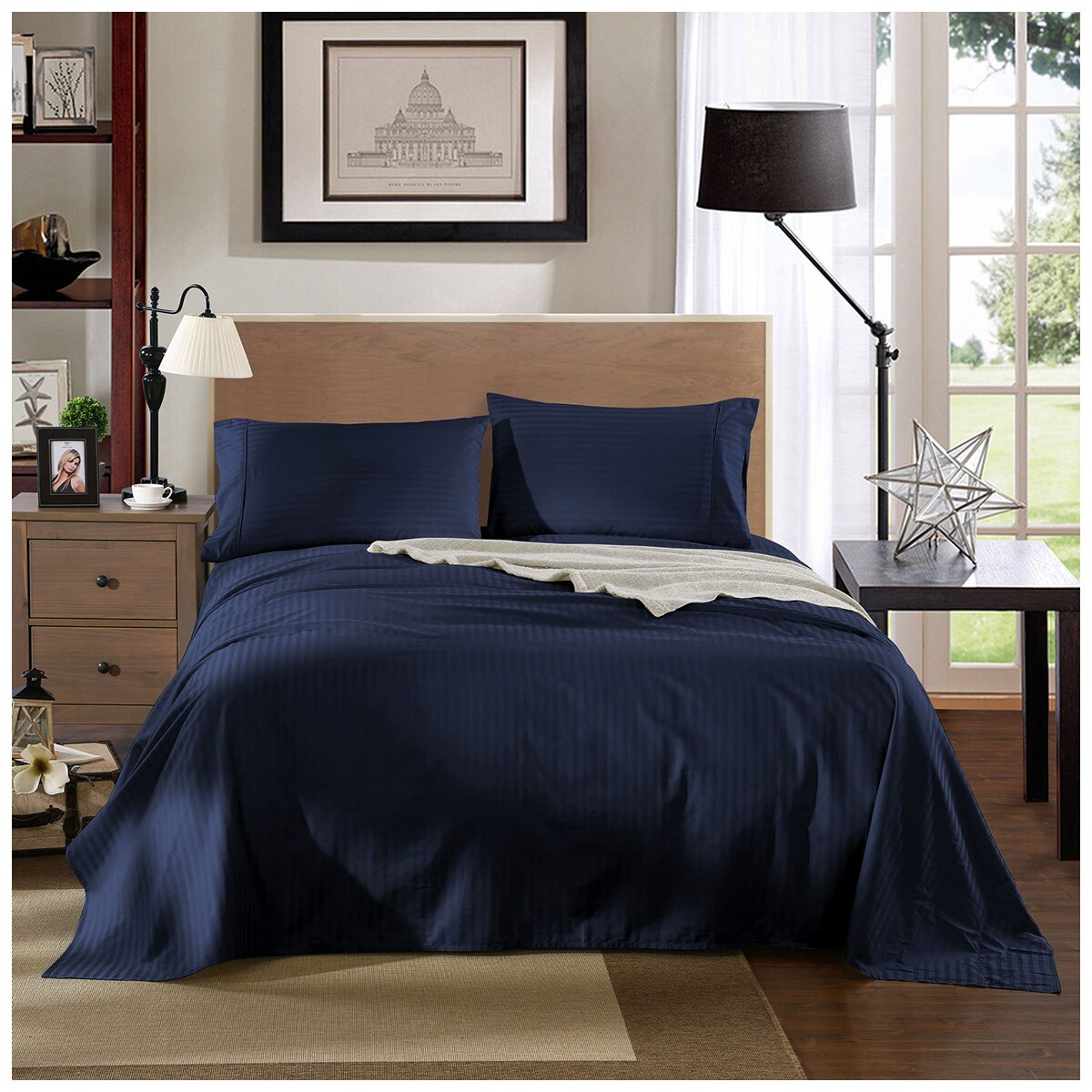 Bdirect Kensington 1200TC Cotton Sheet Set in Stripe - Single Navy