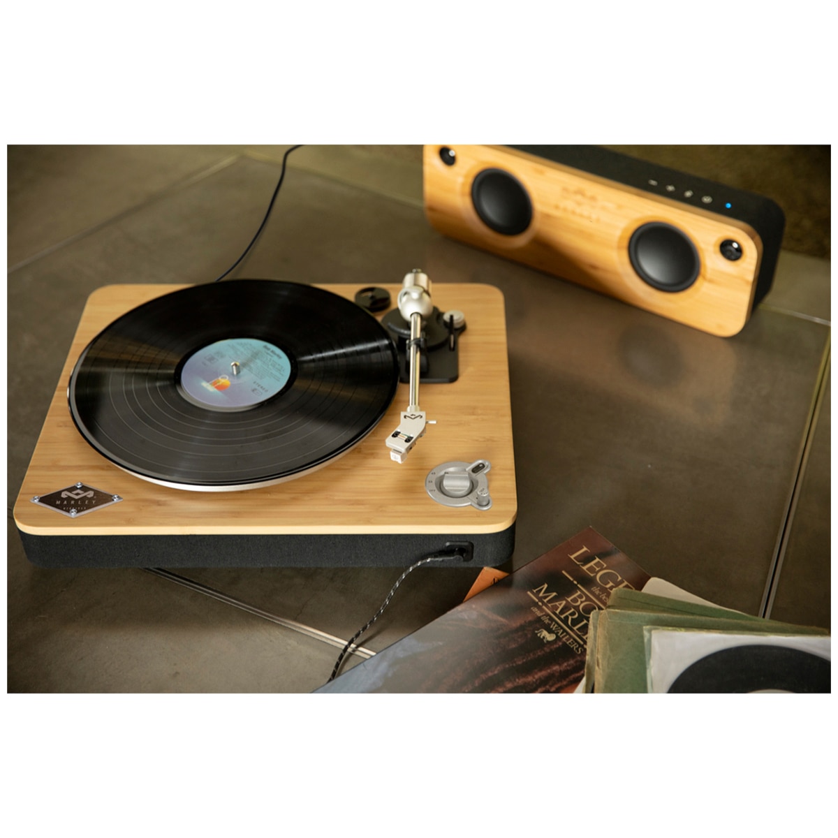 House Of Marley Turntable and Duo Bookshelf Speakers Wood