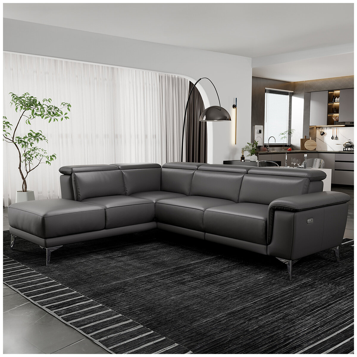 Valencia Pista Leather Reclining Sectional Lounge Left Chaise Grey