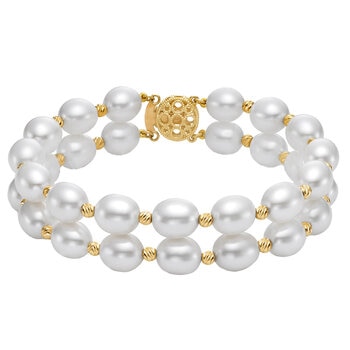 14KT Yellow Gold 2 Row 8-9mm Long Shape Freshwater Pearl Diamond Cut Bead Flower Bracelet