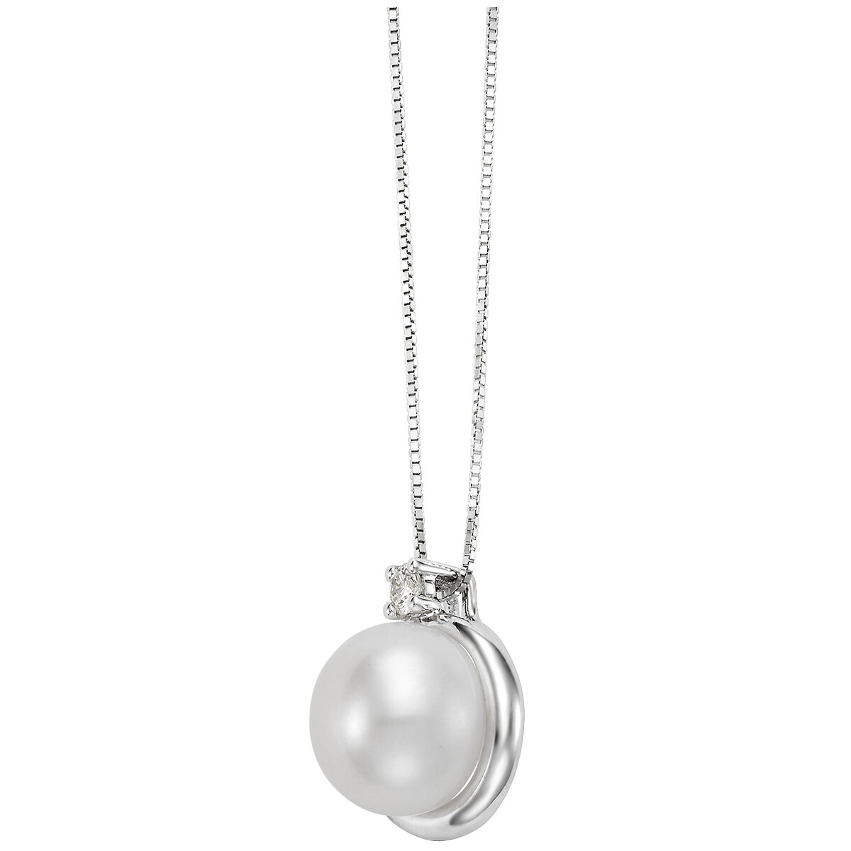 18KT White Gold Button Shaped Cultured Freshwater Pearl And Diamond Pendant