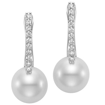18KT White Gold Diamond And 7.5-8mm Cultured Freshwater Pearl Earrings