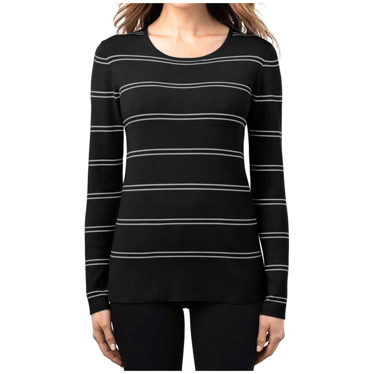 Kirkland Signature Ladies' Crewneck Sweater - Black/Grey Stripe