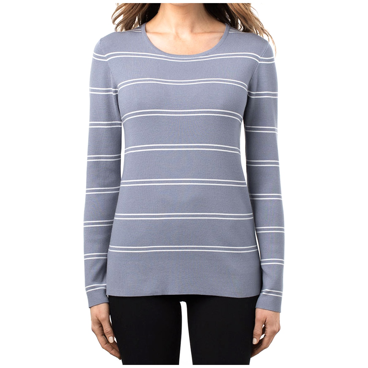 Kirkland Signature Ladies' Crewneck Sweater - Charcoal/Ivrory Stripe