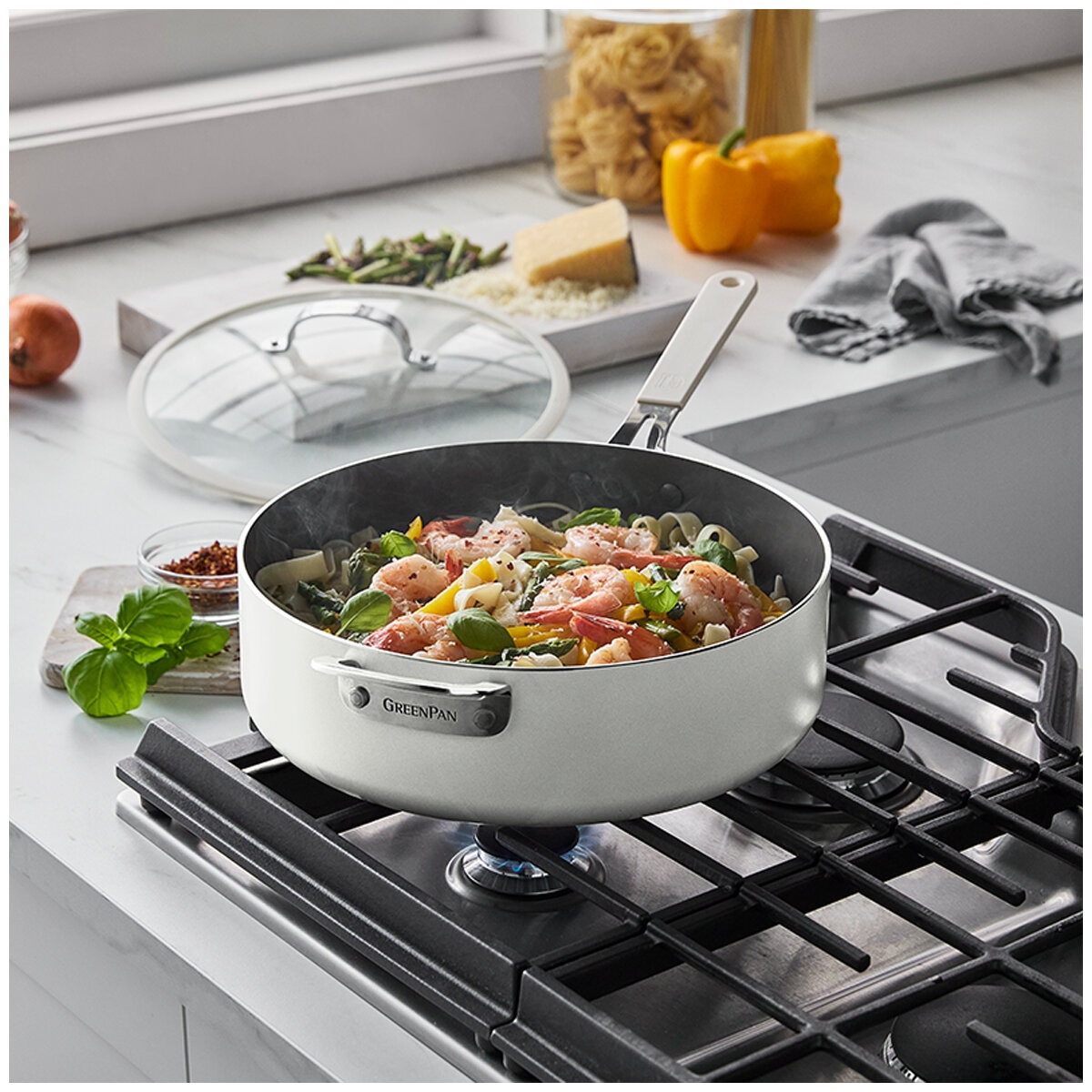 Greenpan Jumbo Saute Pan with Lid 6.15L Cream