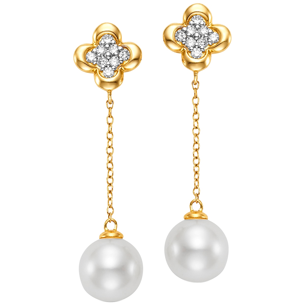 18KT Yellow Gold White Freshwater Pearl and Diamond Earrings - in depot