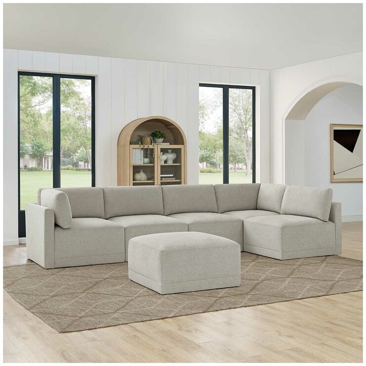 Thomasville 6PC Fabric Modular Sectional with Ottoman Light Grey