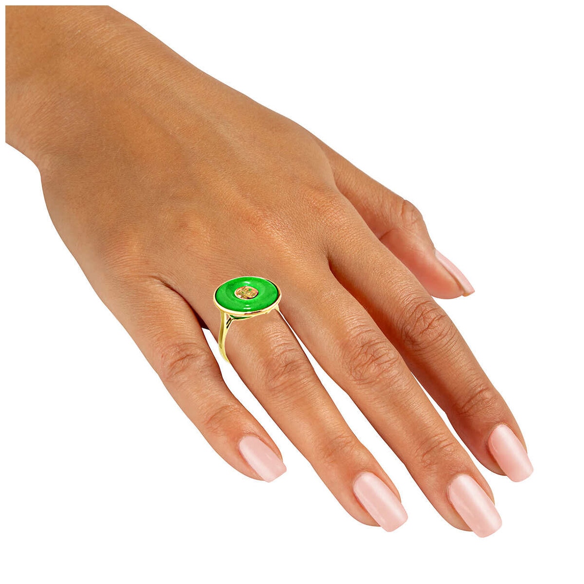 14KT Yellow Gold Dyed Green Jade Good Luck Ring 15mm
