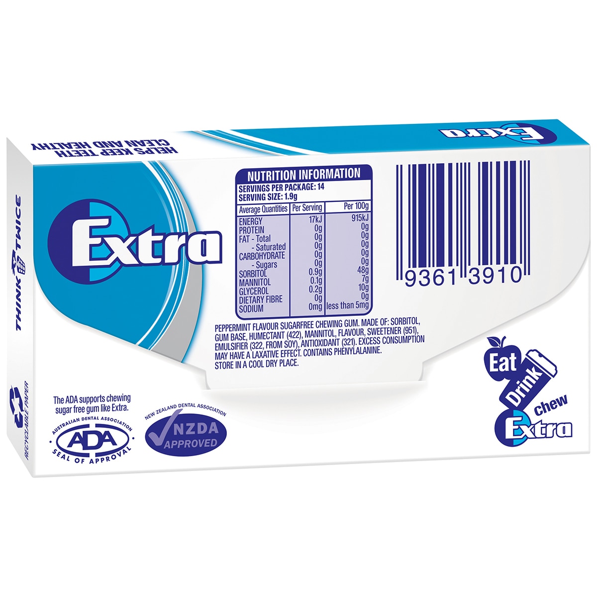 Wrigley's Extra Sugarfree Peppermint Gum 24 X 27g