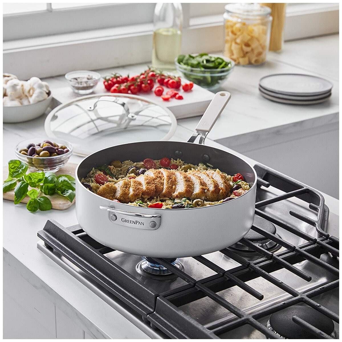 Greenpan Jumbo Saute Pan with Lid 6.15L Cream