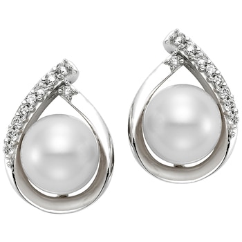 18KT White Gold White Freshwater Pearl And Diamond Earrings